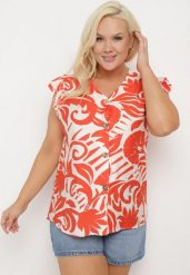 Pomarańczowa Koszula w Abstrakcyjny Print z Falbankami i Guzikami Norbia. Brązowe koszule damskie Born2be, xl, bez wzorów, bez kołnierzyka, bez ramiączek. Za 64.99 zł.