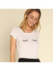 WOOOP Koszulka "Eyes Closed" w kolorze białym rozmiar: M. Białe bluzki damskie Wooop, m, bez wzorów, z bawełny, bez kołnierzyka, bez ramiączek. Za 56.99 zł.