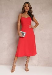 Czerwona Rozkloszowana Sukienka Midi z Rozcięciem na Ramiączkach Josine. Czerwone sukienki damskie Renee, bez wzorów, eleganckie, bez ramiączek. W wyprzedaży za 75.99 zł.