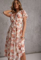 Różowa Kopertowa Sukienka z Wiązaniem w Talii Zdobiona Brokatem Plumse. Czerwone sukienki damskie Renee, z aplikacjami, glamour, bez ramiączek. Za 119.99 zł.