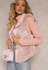 Różowa Kamizelka z Futerka Ozdobiona Wstawkami z Imitacji Skóry Cresstte. Czerwone kamizelki damskie Renee, l, bez wzorów, ze skóry, bez kaptura. Za 129.99 zł.