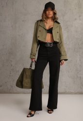 Czarne Szerokie Spodnie High Waist z Bawełny Rhethyphe. Czarne spodnie materiałowe damskie Renee, bez wzorów, z bawełny. Za 119.99 zł.