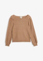 Sweter z rękawami bufkami. Brązowe swetry klasyczne damskie bonprix, bez kołnierzyka. Za 139.99 zł.