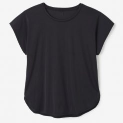 Koszulka fitness damska Domyos krótki rękaw. Czarne bluzki damskie DOMYOS, l, bez wzorów, z elastanu, bez kołnierzyka, bez ramiączek. Za 59.99 zł.