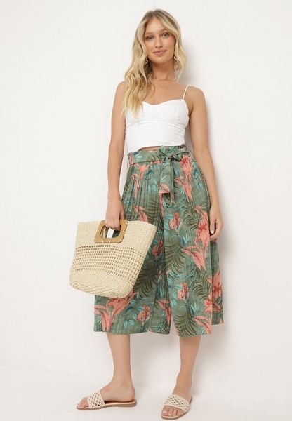 Zielono-Różowe Szerokie Spodnie z Wysokim Stanem z Gumką i Materiałowym Paskiem w Talii Asrefia. Zielone spodnie materiałowe damskie Born2be, bez wzorów, z bawełny. Za 49.99 zł.