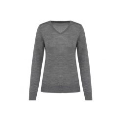 Damski sweter z merynosów z dekoltem v-neck Kariban Premium. Szare swetry klasyczne damskie KARIBAN, na zimę, z wełny, bez kołnierzyka. W wyprzedaży za 268.00 zł.