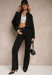 Czarne Szerokie Jeansy z Bawełną High Waist Xarseli. Czarne jeansy damskie Renee, z aplikacjami, z bawełny. Za 139.99 zł.
