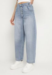 Niebieskie Jeansy o Kroju Mom Fit z Wysokim Stanem i Guzikami Viloiti. Niebieskie jeansy damskie Born2be, bez wzorów, z jeansu. Za 99.99 zł.