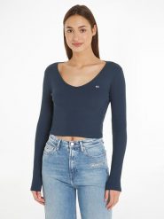 TOMMY JEANS Koszulka w kolorze granatowym rozmiar: M. Niebieskie bluzki damskie Tommy Jeans, m, bez wzorów, z bawełny, bez kołnierzyka, bez ramiączek. Za 118.56 zł.