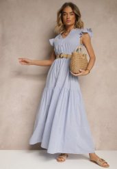 Niebieska Rozkloszowana Sukienka z Bawełny w Stylu Boho z Paskiem z Klamrą Iffarisa. Niebieskie sukienki damskie Renee, bez wzorów, z bawełny, boho, bez ramiączek. W wyprzedaży za 99.99 zł.