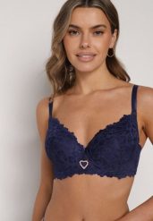 Granatowy Biustonosz z Koronką i Sercem z Cyrkonii Coratune. Niebieskie biustonosze Born2be, bez wzorów, z jeansu. Za 39.99 zł.
