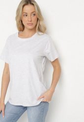 Jasnoszary Gładki T-shirt z Bawełny o Klasycznym Kroju Natime. Szare t-shirty damskie Born2be, l, bez wzorów, z bawełny, bez kołnierzyka. Za 39.99 zł.