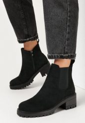Czarne Botki na Słupku Rona. Czarne botki damskie Born2be, z jeansu, eleganckie, bez obcasa, na obcasie, bez zapięcia. Za 139.99 zł.