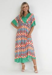 Zielona Sukienka Maxi z Gumką w Talii i Materiałowym Paskiem Saderka. Zielone sukienki damskie Born2be, bez wzorów, z materiału, bez ramiączek. Za 189.99 zł.