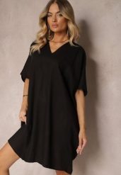 Czarna Pudełkowa Sukienka z Bawełny z Krótkim Rękawem i Trójkątnym Dekoltem Vikana. Czarne sukienki damskie Renee, bez wzorów, z bawełny, eleganckie, bez ramiączek. W wyprzedaży za 67.99 zł.