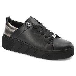 Czarne Sneakersy Rieker Modne Obuwie Damskie. Czarne obuwie sportowe damskie Rieker, na wiosnę, ze skóry, bez zapięcia. Za 449.00 zł.
