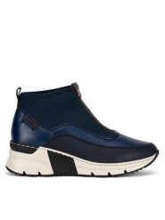 Rieker Botki N6352-14 Niebieski. Niebieskie botki damskie Rieker, z materiału, bez obcasa, na koturnie, bez zapięcia. Za 329.99 zł.