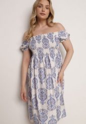 Niebieska Wiskozowa Sukienka Hiszpanka w Etniczny Wzór Hywen. Niebieskie sukienki damskie Born2be, bez wzorów, z materiału, casualowe, bez ramiączek. Za 59.99 zł.