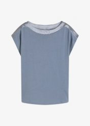 T-shirt z satynowym karczkiem. Niebieskie t-shirty damskie bonprix, bez wzorów, z satyny, bez kołnierzyka. Za 99.99 zł.