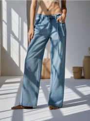 Jeansy super baggy z paskiem - niebieski. Niebieskie jeansy damskie Sinsay. W wyprzedaży za 33.99 zł.