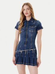 Guess Sukienka jeansowa W5YK71 D4H1D Niebieski Regular Fit. Niebieskie sukienki damskie Guess, z aplikacjami, z bawełny, bez ramiączek. Za 529.99 zł.