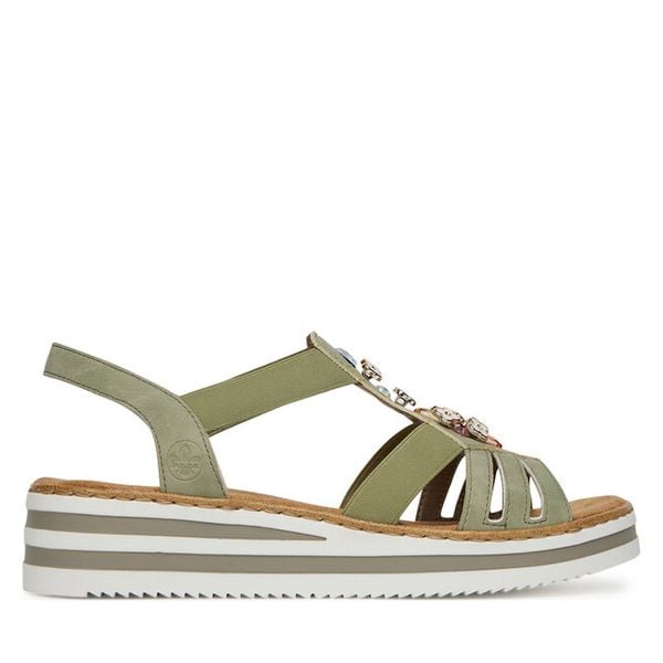 Sandały Rieker. Zielone sandały damskie Rieker, bez wzorów, bez obcasa, na koturnie, bez zapięcia. Za 319.99 zł.