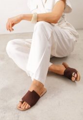 Brązowe Klapki VICES na Płaskiej Podeszwie z Paskiem na Palec i Aplikacją Oriphite. Brązowe klapki damskie Born2be, z aplikacjami, z jeansu, bez obcasa, na płaskiej podeszwie, bez zapięcia. Za 69.99 zł.