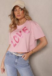 Różowy Krótki T-shirt Oversize z Bawełny z Ozdobnym Napisem Sanillva. Czerwone t-shirty damskie Renee, m, bez wzorów, z bawełny, bez kołnierzyka. Za 39.99 zł.