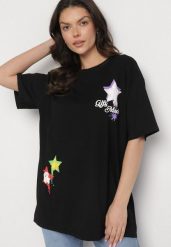 Czarny T-shirt z Bawełną Ozdobiony Gwiazdami Karretia. Czarne t-shirty damskie Born2be, l, bez wzorów, z bawełny, bez kołnierzyka. Za 49.99 zł.