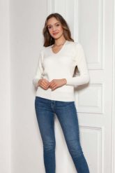 Sweter w Serek z Dzianiny w Prążek - Ecru. Brązowe swetry klasyczne damskie Lanti, l, z dzianiny, bez kołnierzyka. Za 229.90 zł.