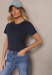 Granatowy Casualowy Bawełniany T-shirt Rivali. Niebieskie t-shirty damskie Renee, m, bez wzorów, z bawełny, bez kołnierzyka. Za 24.99 zł.