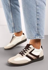 Brązowe Casualowe Sneakersy z Geometrycznymi Wzorami i Kontrastowymi Przeszyciami Riandrea. Brązowe obuwie sportowe damskie Renee, z jeansu, bez zapięcia. Za 59.99 zł.