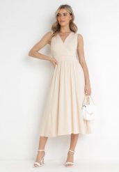 Beżowa Sukienka Midi Bez Rękawów z Plisowanym Dołem Dreana. Brązowe sukienki damskie Born2be, bez wzorów, eleganckie, bez ramiączek. Za 259.99 zł.