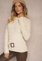 Jasnobeżowy Sweter z Ozdobnym Paskiem i Splotem Vittella. Brązowe swetry klasyczne damskie Renee, m, z jeansu, bez kołnierzyka. Za 109.99 zł.
