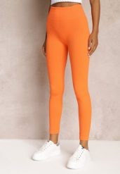 Pomarańczowe Legginsy z Prążkowanej Dzianiny Tarini. Brązowe legginsy damskie Renee, s, bez wzorów, z dzianiny. Za 39.99 zł.