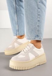 Beżowo-Szare Sneakersy w Stylu Tenisówek na Platformie z Tłoczeniami Firreis. Brązowe kombinezony damskie Born2be, bez wzorów, z jeansu, casualowe, bez kołnierzyka, bez ramiączek. Za 99.99 zł.