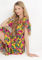 Żółto-Fuksjowa Wiskozowa Sukienka Maxi w Kwiaty z Gumką w Talii i Kopertowym Dekoltem Trelline. Żółte sukienki damskie Born2be, bez wzorów, z wiskozy, bez ramiączek. Za 89.99 zł.