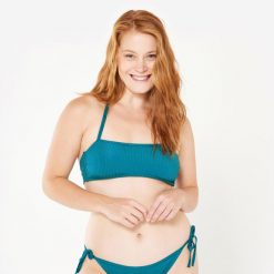 Góra kostiumu kąpielowego surfingowego damska Olaian Laura Folk teksturowana. Niebieskie bikini OLAIAN, bez wzorów, z elastanu. Za 59.99 zł.