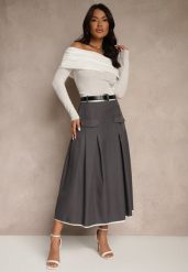 Szara Spódnica High Waist z Plisami Wykończona Imitacją Kieszeni i Paskiem Evilenes. Szare spódnice damskie Renee, do pracy, l, bez wzorów, biznesowe, midi. Za 89.99 zł.