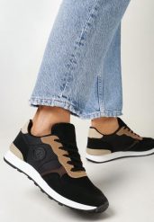 Czarne Sznurowane Sneakersy z Okrągłym Noskiem Halaina. Czarne obuwie sportowe casual damskie Born2be, bez zapięcia. Za 79.99 zł.