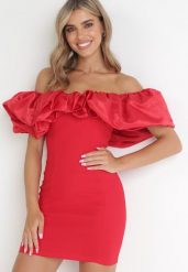 Czerwona Sukienka Dopasowana z Falbanami Acore. Czerwone sukienki damskie Born2be, bez wzorów, eleganckie, bez ramiączek. W wyprzedaży za 127.49 zł.