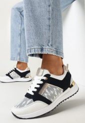 Biało-Granatowe Sneakersy z Ozdobnym Nadrukiem Melimisia. Białe obuwie sportowe damskie Born2be, bez zapięcia. Za 79.99 zł.