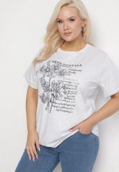 Jasnoszary T-shirt z Bawełny z Metalicznym Nadrukiem Olianea. Szare t-shirty damskie Born2be, xl, bez wzorów, z bawełny, bez kołnierzyka. Za 39.99 zł.