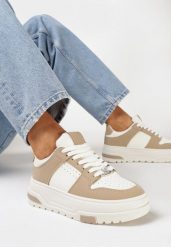 Ciemnobeżowe Sneakersy na Grubej Podeszwie z Ozdobną Perforacją i Sznurowaniem Xirea. Brązowe obuwie sportowe damskie Born2be, z materiału, bez zapięcia. Za 99.99 zł.