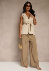 Brązowe Spodnie o Szerokim Kroju High Waist Dolarenna. Brązowe spodnie materiałowe damskie Renee, bez wzorów, z jeansu. Za 119.99 zł.