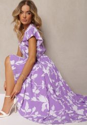 Fioletowa Sukienka z Kopertowym Dekoltem Plisowanym Dołem Wykończona w Talii Paskiem i Gumką Elsavia. Fioletowe sukienki damskie Renee, bez wzorów, eleganckie, bez ramiączek. W wyprzedaży za 67.99 zł.