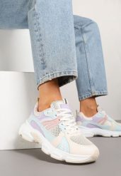 Biało-Fioletowe Streetwearowe Sneakersy ze Wstawkami z Siateczki Deylisse. Białe obuwie sportowe damskie Renee, z jeansu, bez zapięcia, trekkingowe. Za 89.99 zł.