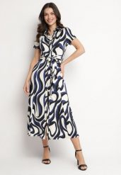 Niebieska Sukienka Koszulowa w Geometryczny Wzór z Paskiem Zimorae. Niebieskie sukienki damskie Born2be, bez wzorów, eleganckie, bez ramiączek. Za 199.99 zł.