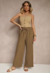 Jasnobrązowe Spodnie High Waist Szerokie z Bawełny Wiązane w Pasie z Gumką w Talii Yaslio. Brązowe spodnie materiałowe damskie Renee, bez wzorów, z bawełny. Za 39.99 zł.