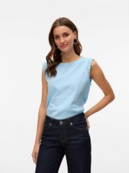 Vero Moda Koszulka w kolorze błękitnym rozmiar: XL. Niebieskie bluzki damskie Vero Moda, xl, bez wzorów, z bawełny, bez kołnierzyka, bez ramiączek. Za 65.69 zł.